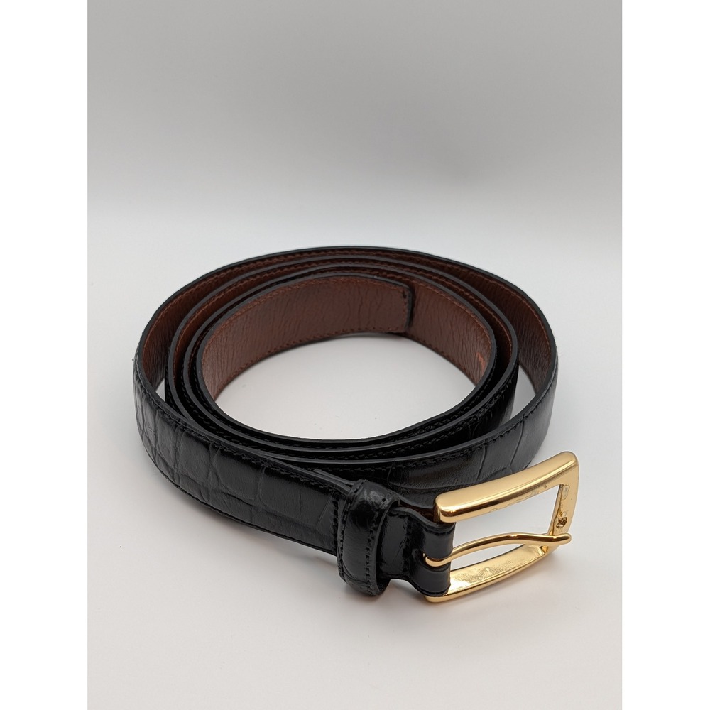 Jos A Bank Mens Belt Size 42 Black Croc Embossed Italian Leather Gold Buckle